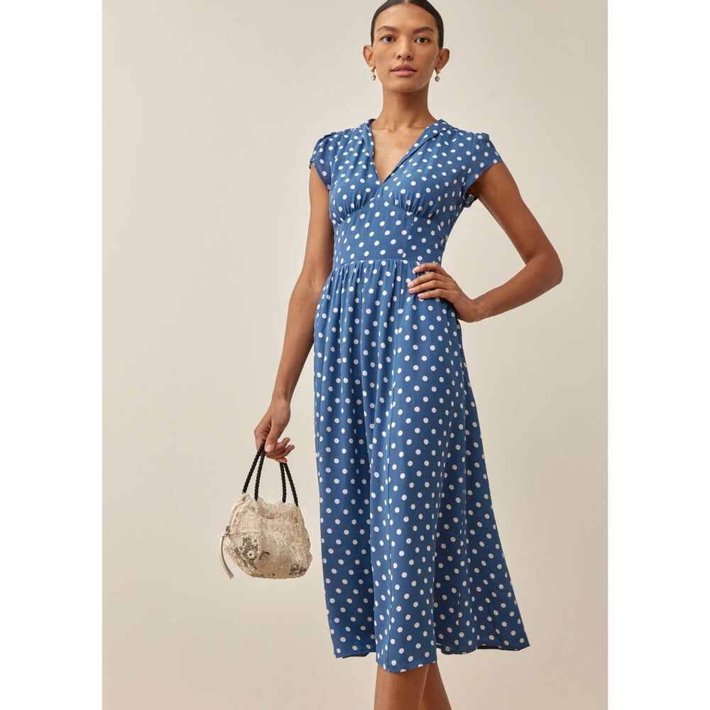 Reformation Alisa Midi Dress polk dots blue Lazuli Size 4 Like New